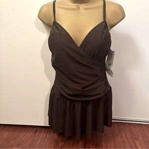 Penbrooke Brown Tummy Control Adjustable‎ Straps Ruffle One Piece Swimsuit NWT 8